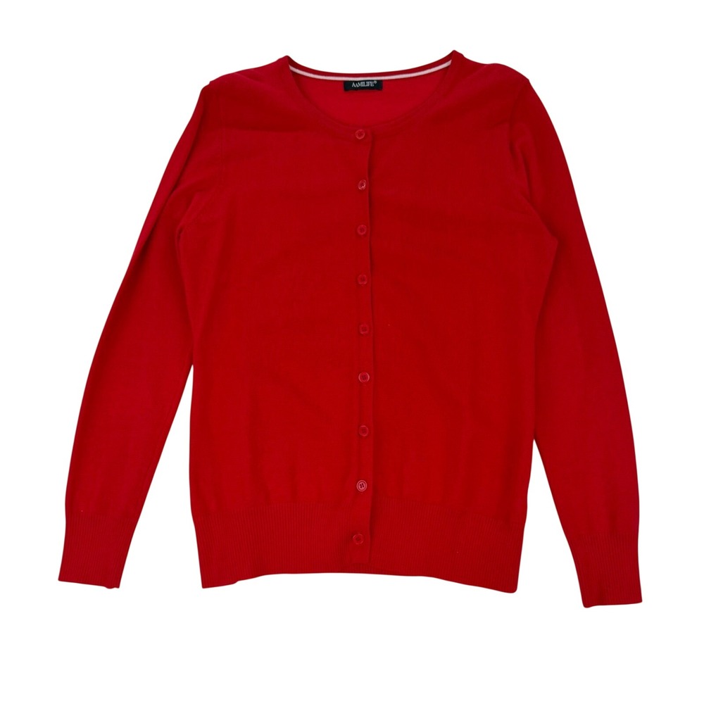 Aamilife Red Crewneck Cardigan Button Front Knit Sweater Preppy Holiday Sz Large